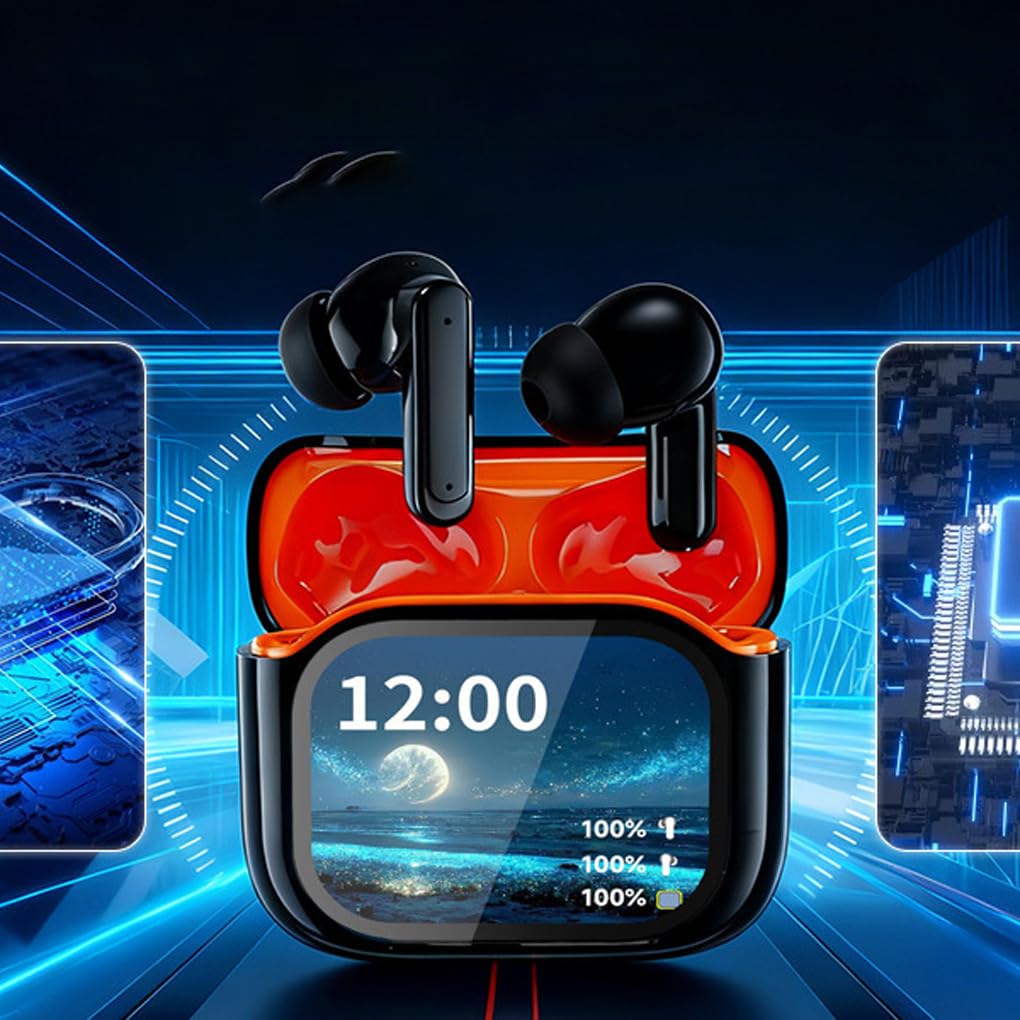 Auriculares inalámbricos con Pantalla y Puerto de Carga USB Tipo C para Disfrutar en Parques de Atracciones. Auriculares intrauditivos inalámbricos, Negro Naranja