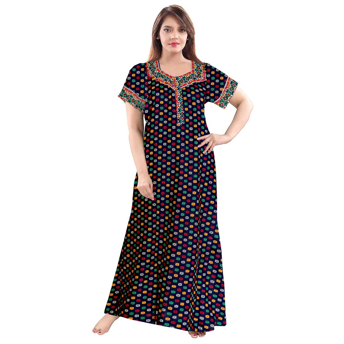 Buy Khushi Print Women's Cotton Embellished Maxi Kaftan Nighty (Khushi