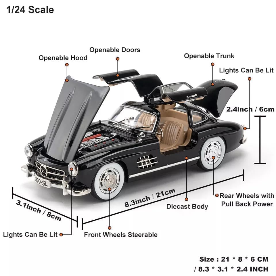 Image of 1:24 Scale Mercedes-Benz 300 SL Diecast Model Car | Classic Collectible with Openable Doors, Pull-Back Action, Light & Music, Rotatable Steering Wheel, Horn Sound