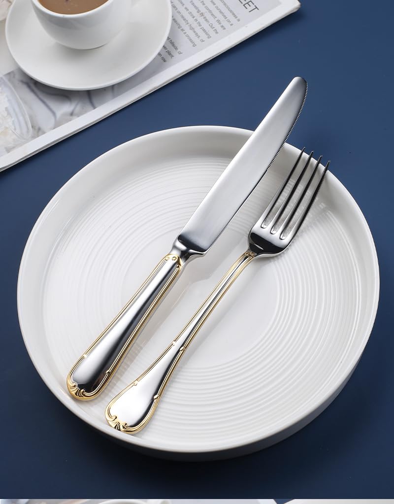 Ensemble de Couverts, 5/20/30/40 pièces, Acier Inoxydable 304, Style doré, Couteau à Steak, Fourchette et cuillère, Vaisselle argentée - 6 pièces (30 pièces).