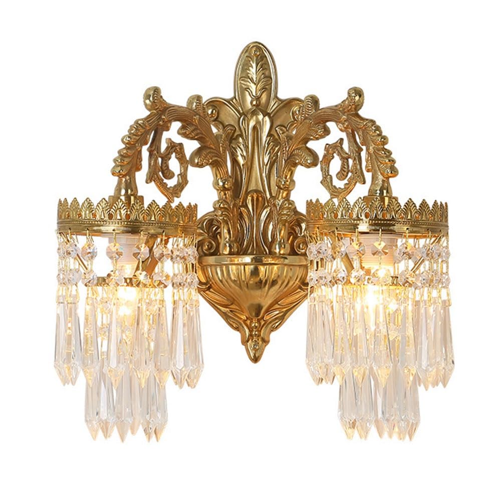 FEITENGDA Nordic Vintage 2 Lights Crystal Wall Sconce French Gold Finish Metal Decorative Wall Lamp Interior Bedside Decor Wall Mount Light for Bedroom Living Room Hallway
