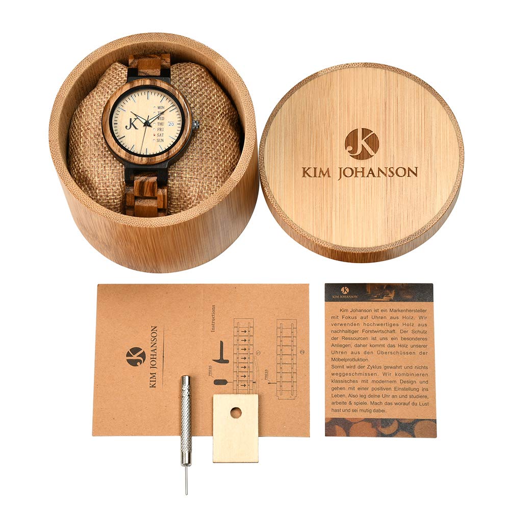 Kim Johanson Damen Holz-Edelstahl Armbanduhr *Light Week* mit Datum- & Tagesanzeige Handgefertigt Quarz Analog Uhr inkl. Geschenkbox