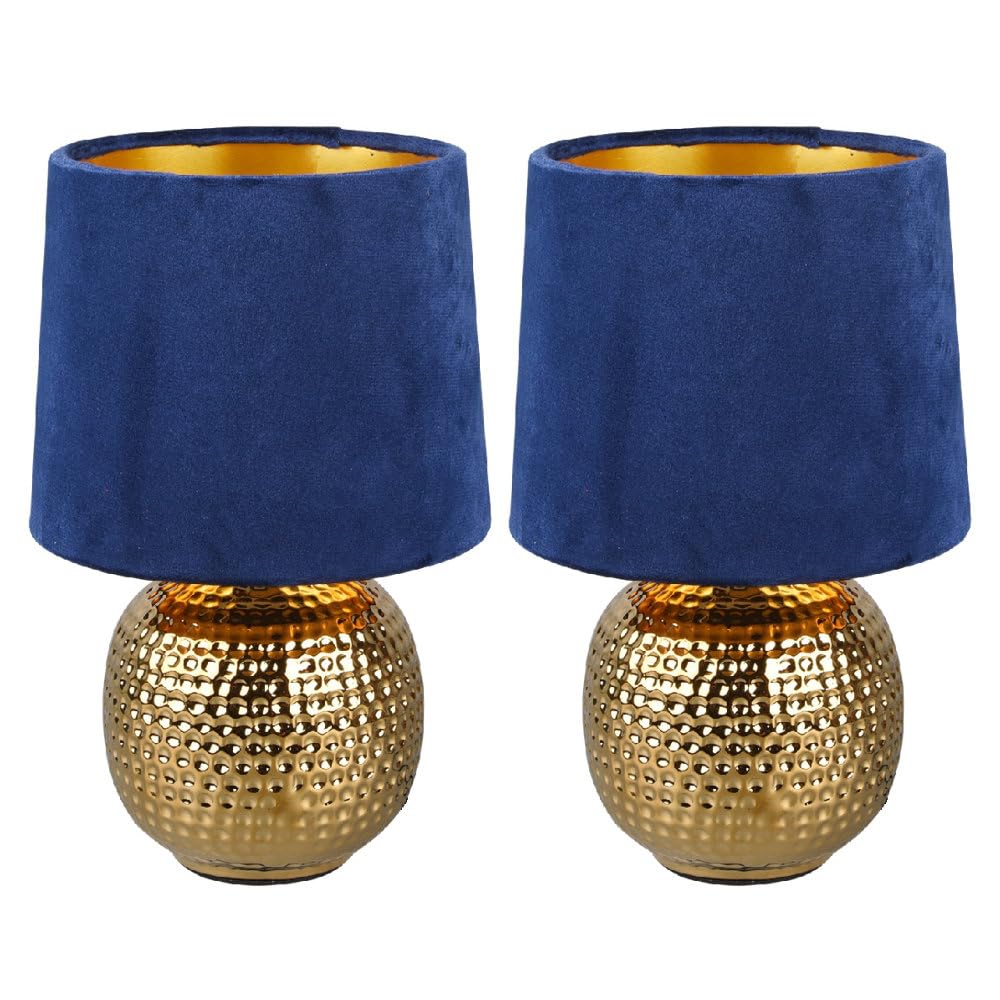 Britalia Blue Velvet 2 Pack - Gold Ceramic Vintage Hammered Globe Table Desk Lamp With Shade | 26Cm Height | 1 X Ses E14 Lamp Bulb Required | Uk Approved | Retro Design | Tapered Drum Lampshade