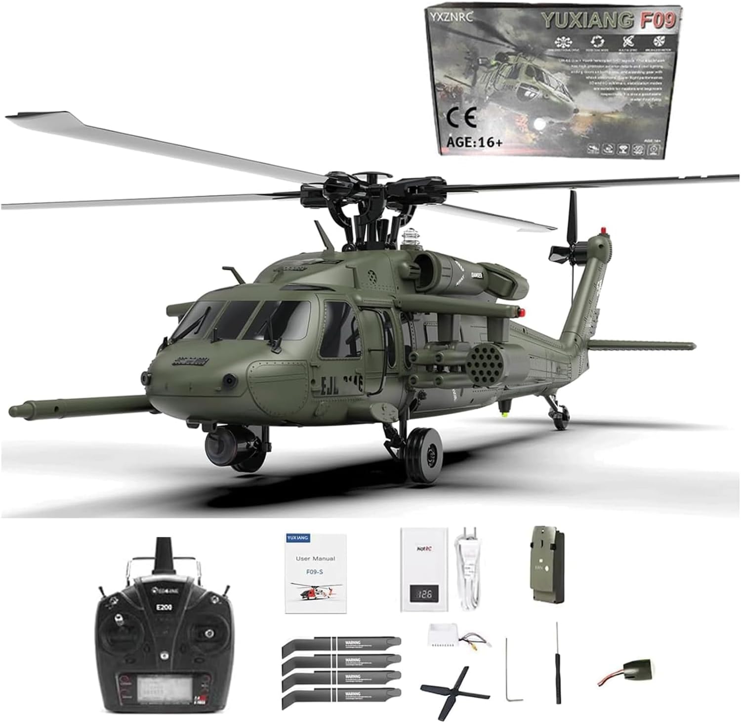 NULA RC Helicopter Toys for Adults, Aircraft with 6-axis Gyro & Lights & 2 Brushless Motor, YUXIANG F09 2.4G 6CH 1/47 Scale 6G/3D RC Military Helicopter for Uh60 Black Hawk - RTF