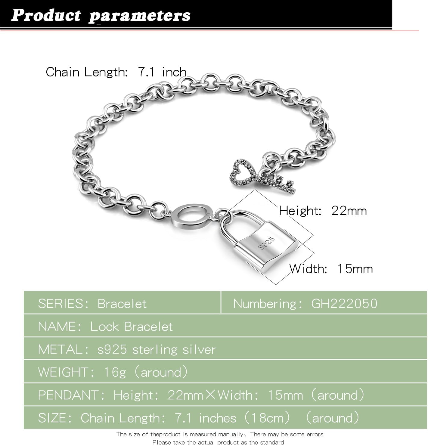 Charm Women 925 Sterling Silver Key Lock Pendant Bracelet Fashion Solid Silver Rolo Chain Bangle Fine Jewelry Gift For Wife & Girlfriend (Square lock style, 8.5 inch) - Image 3