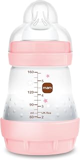 MAM Easy Start Anti-Colic Bottle A118, Patented Anti-Colic Bottle with Pacifier 1 Made of SkinsofTM Ultra Soft Silicone for Babies from 0 Months, 160 ml, Pink, Self Sterilisation in 3 Minutes