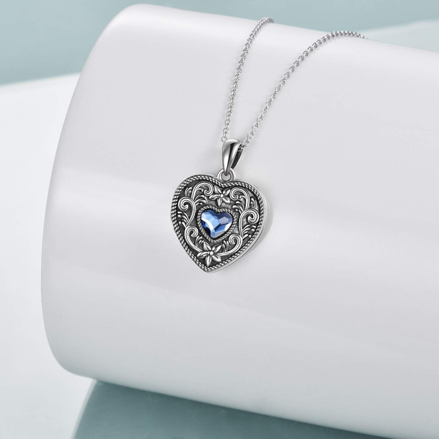URONE Sterling Silber Herz Foto Medaillon Vintage Anhänger für Frauen Bild Medaillon Schmuck mit Kristall aus Österreich Geschenke für Frauen Mädchen