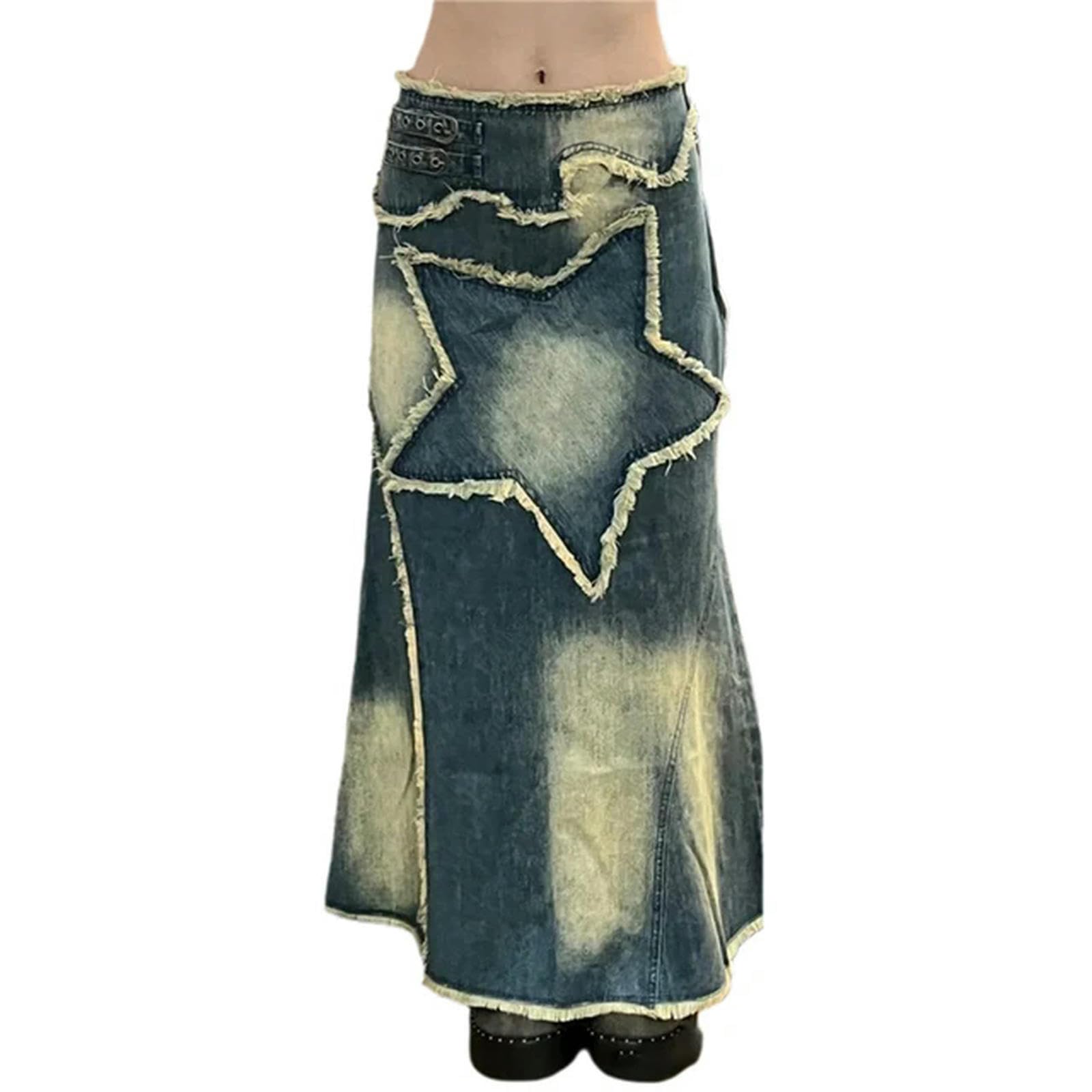 Ivyard Women's As Photo Shows Denim Skirt Y2k Aesthetic Grunge Fairycore Pentagram Pattern Long Skirts With Tassels Skirt Streetwear-S