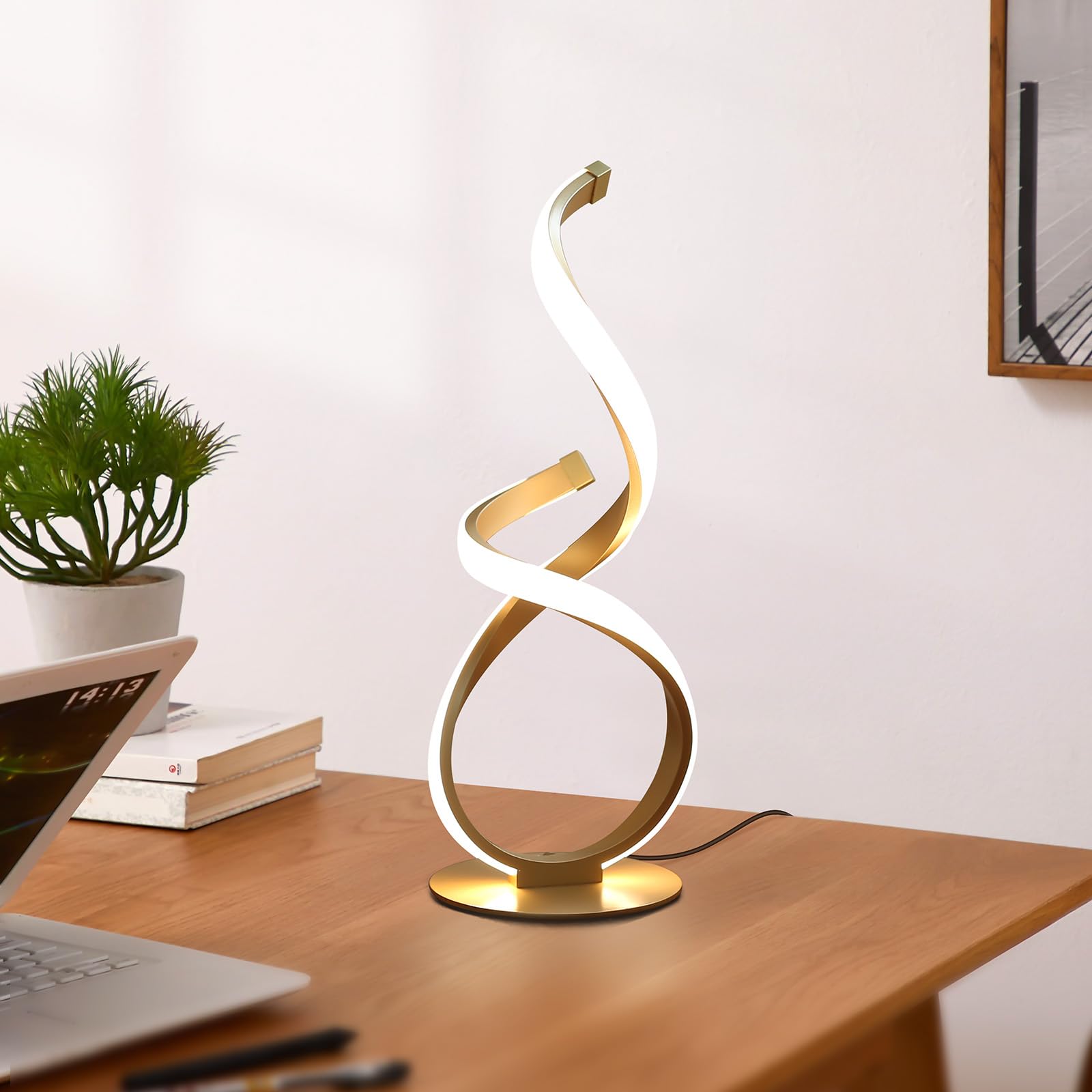 Paquete de 2 lámparas de mesa de noche, lámpara LED de escritorio en espiral, regulable al tacto, temperatura de 3 colores, luz moderna para mesitas de noche, luz lateral única para