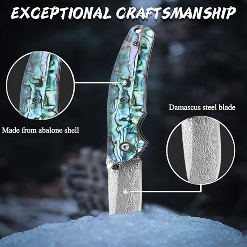 Omesio Damascus Pocket Knife with Leather Sheath Damascus Folding Knife Blue Abalone Handle Japanese Real Damascus Steel Folding Knife with Gift Box for Men/Dad/Father and Women - Thumbnail 2