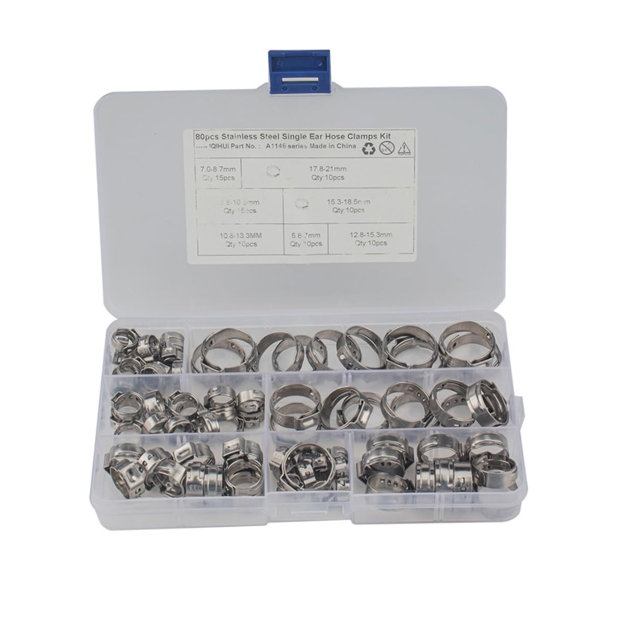 SOLUSTRE Metal Single Ear Hose Clamp 80pcs Assorted Sizes Fit for Air Water Lines