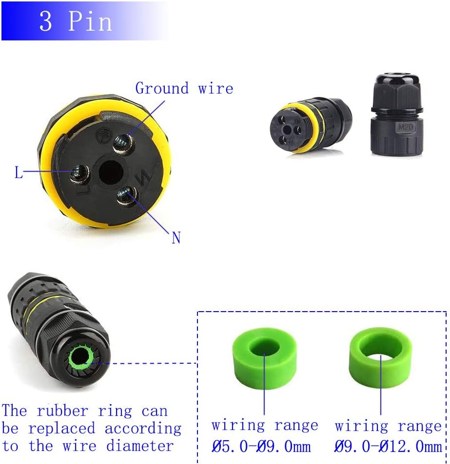 Low Voltage Wire Connectors IP68 Waterproof External Electrical Junction Box for Outdoor Underground, M20 Cable Connector Ø5-12mm Wire Range, 2 Way 3 Pin, Pack of 2