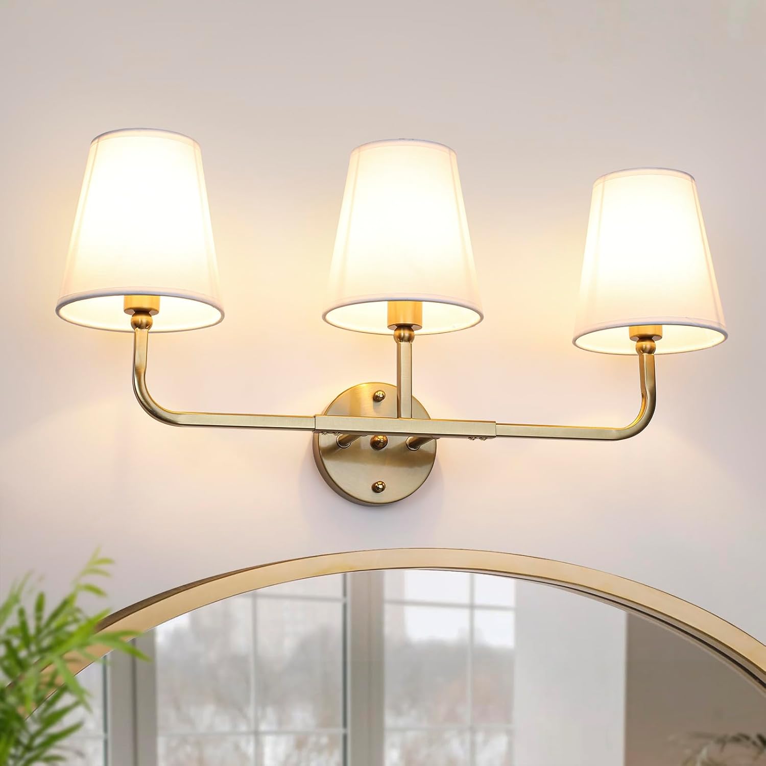 Bathroom Light Fixtures, 3-Light Wall Sconce, Gold Vanity Lights Over Mirror with Flared White Fabric Shade, Modern Sconces Wall Lighting for Bedroom Stairway Hallway (Gold)