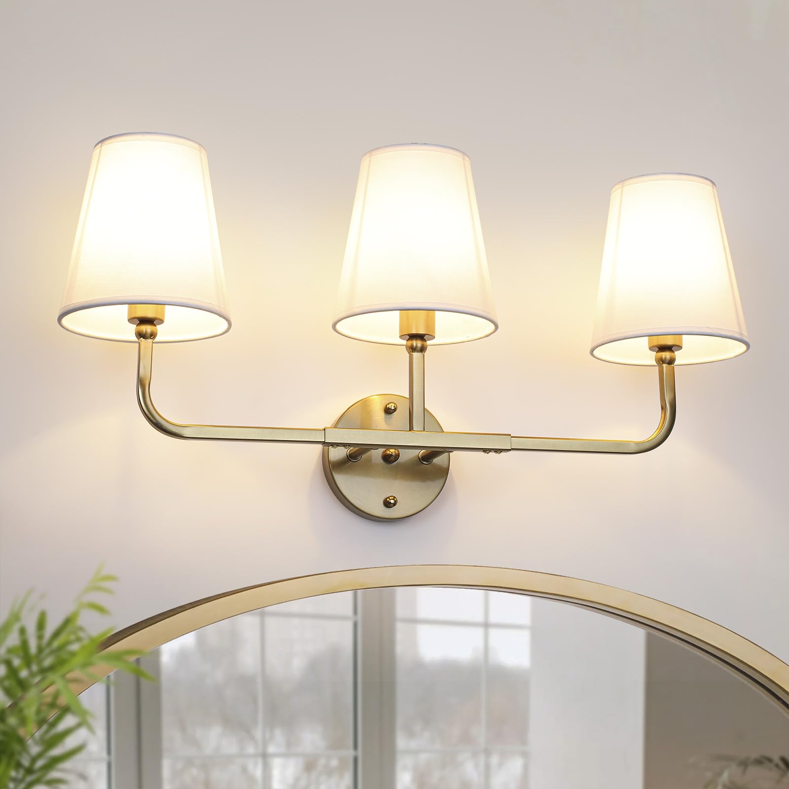 Photo 1 of KOLQSEAL Bathroom Light Fixtures, 3-Light Wall Sconce, Gold Vanity Lights Over Mirror with Flared White Fabric Shade, Modern Sconces Wall Lighting for Bedroom Stairway Hallway (Gold)