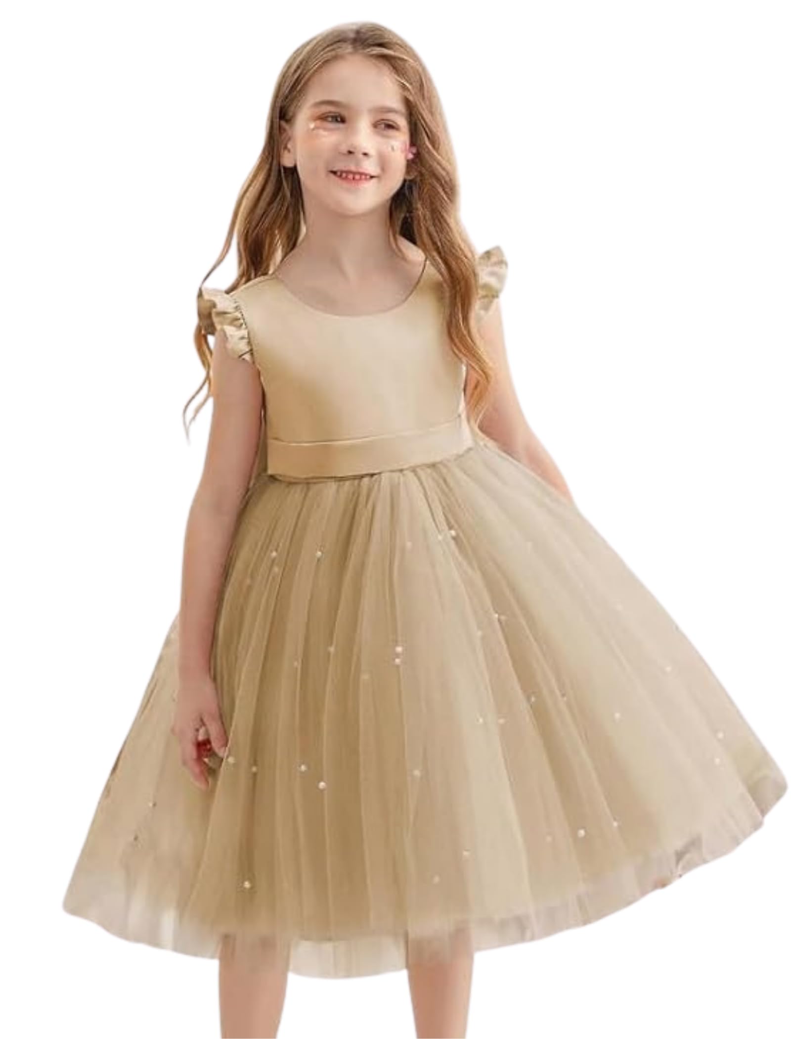 Niren Enterprise Girls Pearl Flutter Sleeve Gown Solid Tulle Party Dress-image-43
