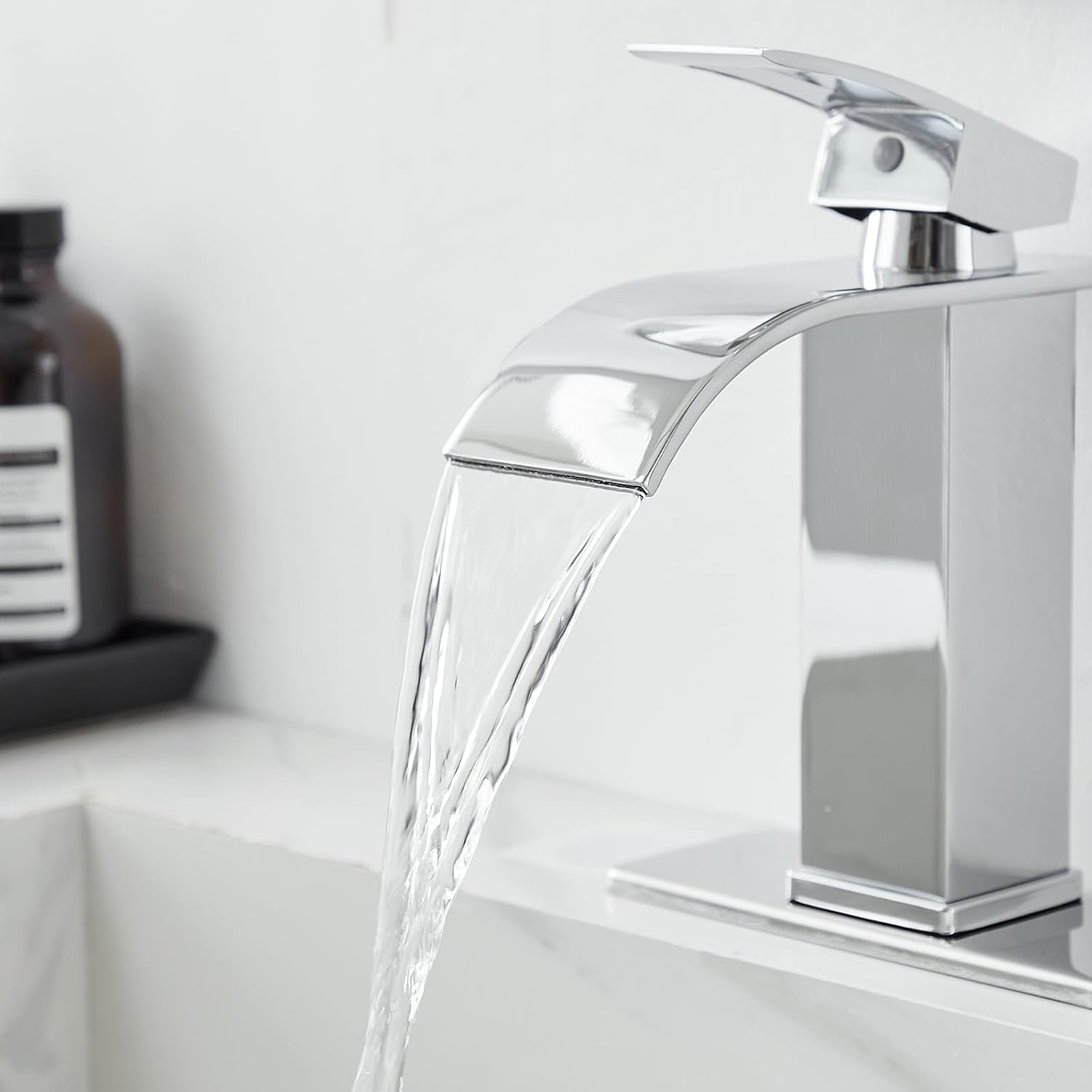 Homevacious Waterfall Bathroom Faucet Chrome Single Handle for 1 or 3 Hole Bathroom Sink Faucet Washbasin Faucets with Deck Pop-up Drain and 2 Supply Hoses for Lavatory Vanity - Chrome