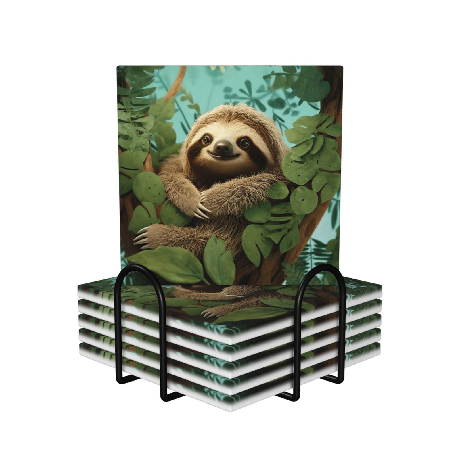 6Pcs Ceramics Coaster for Drinks, Hug Tree Sloth Cup Coasters with Holder, Aesthetic Drink Coasters for Coffee Table, Absorbent Round Coaster for Tabletop Protection 4" Cup Mat Pad