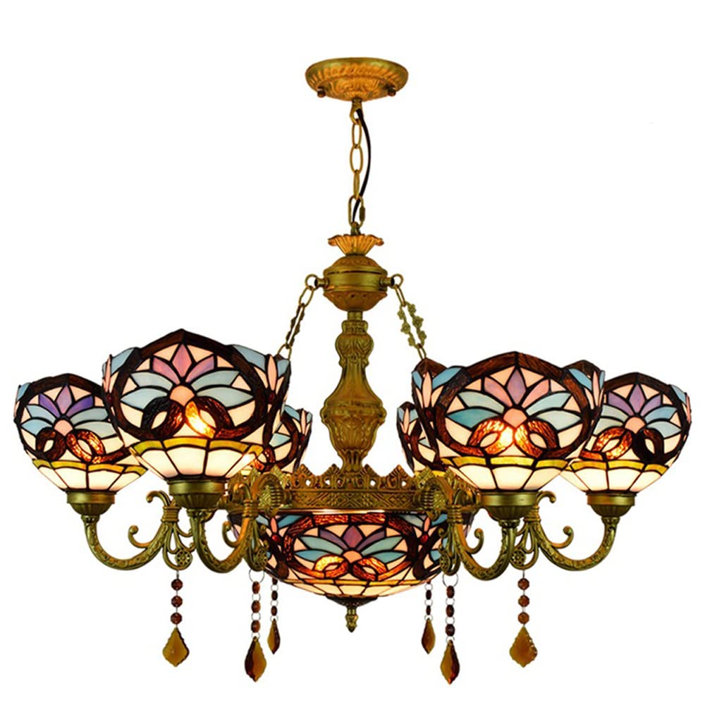FYZDLAOR 6+1-Light Chandelier,with Baroque Vintage Lampshade Pendant Light Light Fixtures,Tiffanystyle Stained Glass Hanging Light Wide 32 Inch with Crystal Pendant