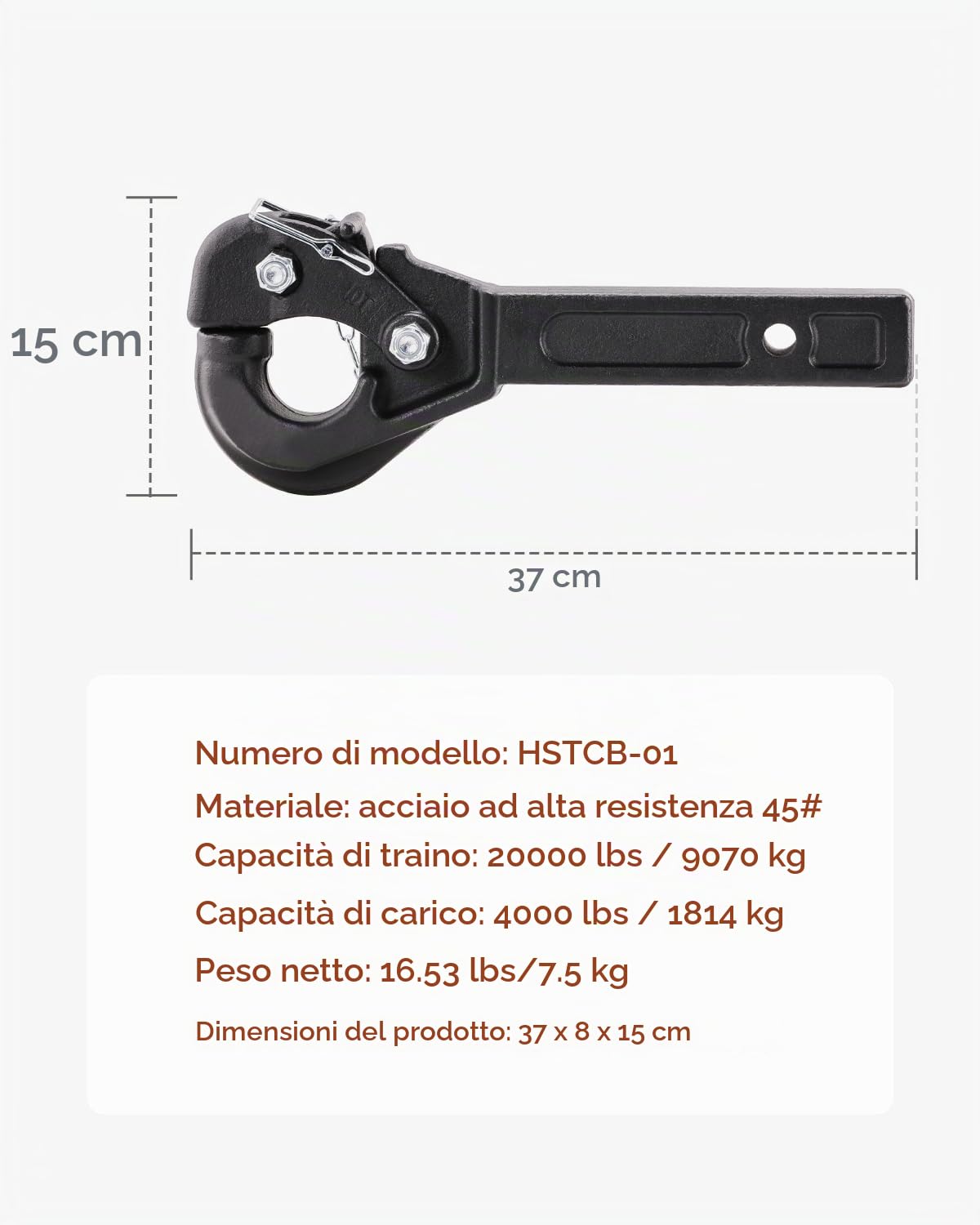 VEVOR Gancio a Perno, 9070 kg, Ricevitore a Perno per Gancio di Traino, Ricevitore, per Anello a Lunetta 6,35-7,62 cm, Adesivi Fosforescenti, Verniciatura a Polvere, Nero 370 x 80 x 150 mm