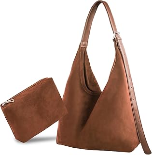 shoowyees 2PCS Brown Suede Bags for Women - Trendy Adjustable Strap Hobo Tote Shoulder Handbag, Fall Winter Faux Suede Purse with Pouch