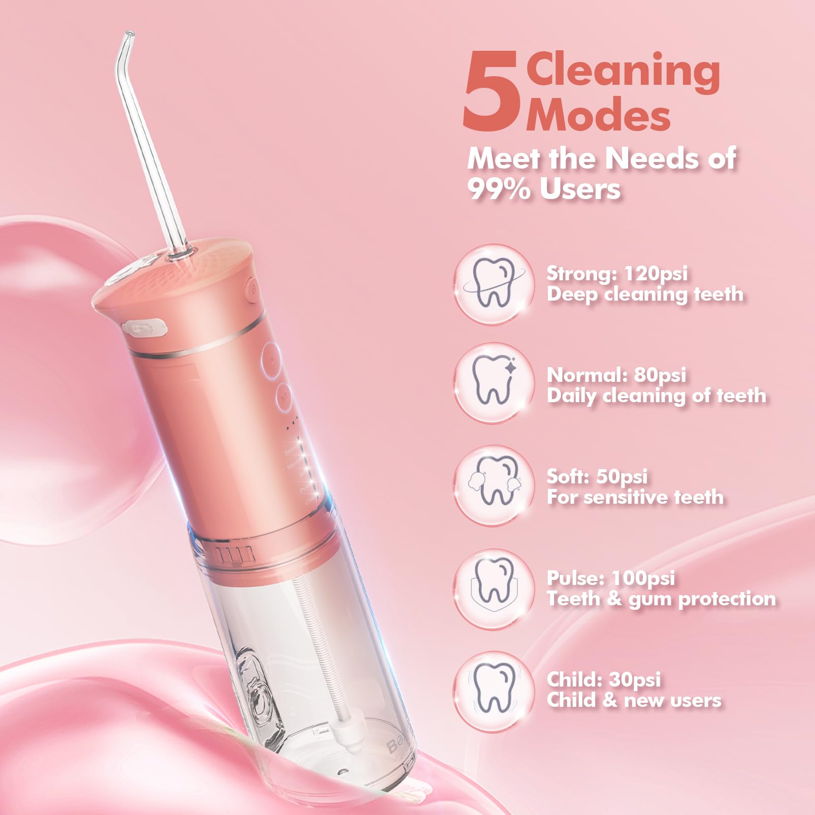 Water Flosser Cordless Travel, Mini Oral Irrigator with Telescopic Water Tank, 5 Modes, 6 Jet Tips - Image 3