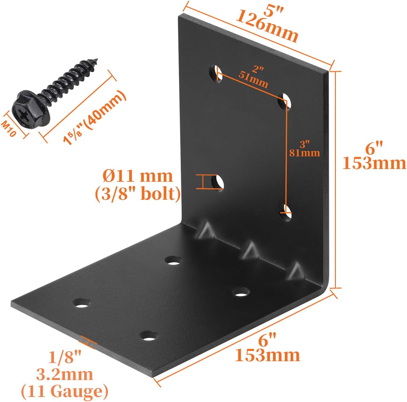 6" X 6" X 5" Corner Bracket for Wood L Brackets, Heavy Duty L Right Reinforced Angle Bracket, Strengthen Metal Joint Support Corner Brace, Thickness 1/8", 11 Gauge, Max. Load 180 Lbs - 4 PCS