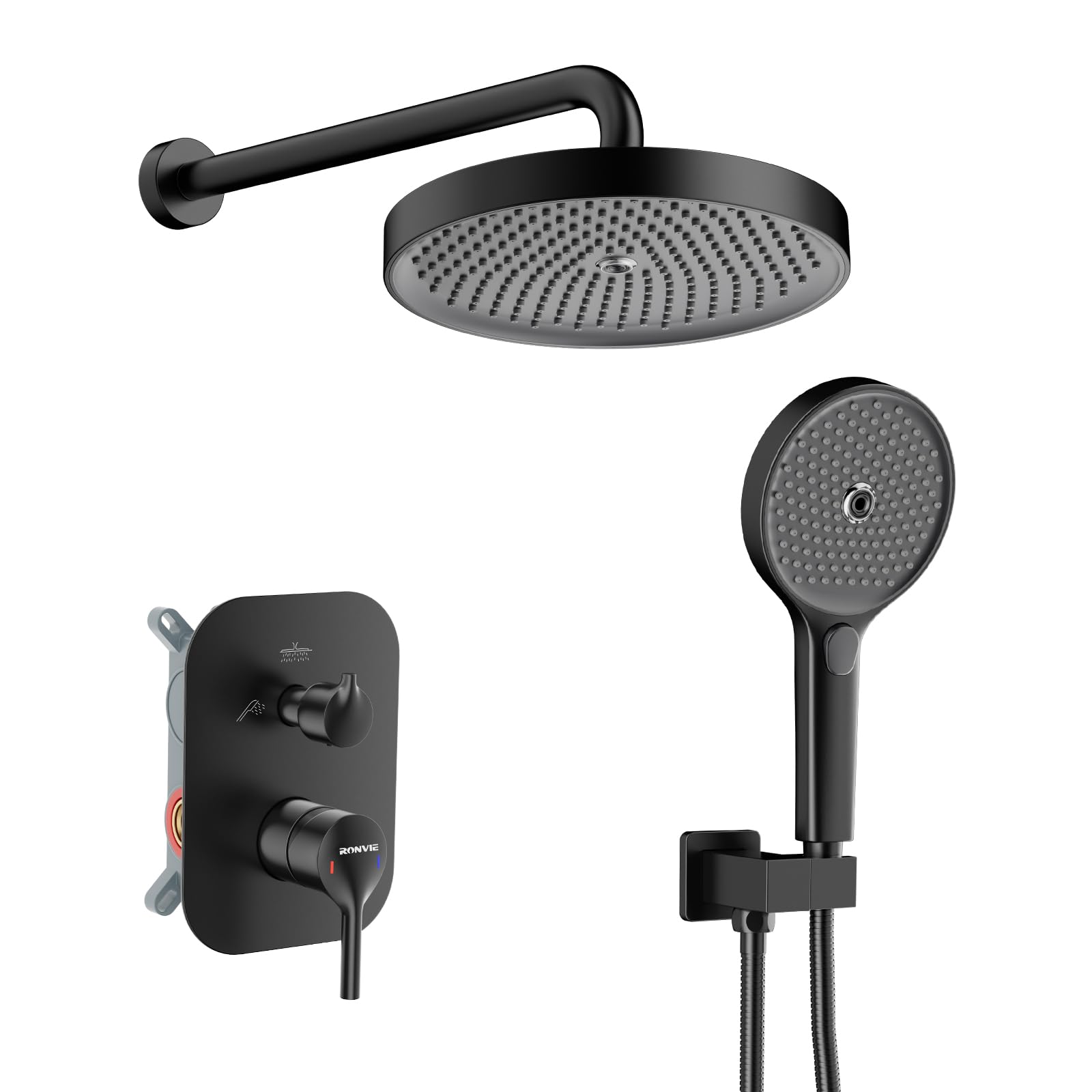Ronvie Concealed Shower Mixer Set, 2-Outlet Brass Shower System with 10 Inch High Pressure Rainfall Shower Head and Handheld Spray, Anti-Clog Nozzle Wall Mounted Chrome Bathroom Fixtures๏ผMatte Black๏ผ