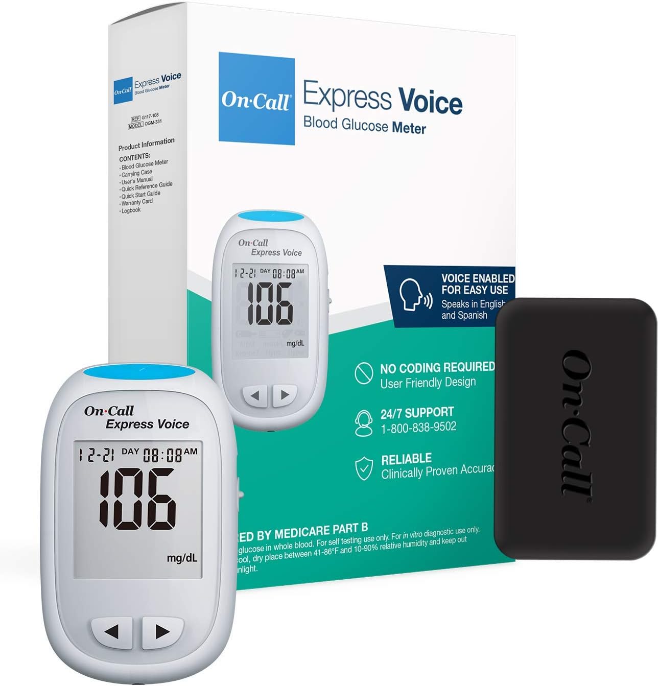 Blood Glucose Monitor Meter by On-Call Express Voice, Bilingual (English/Spanish) Guidance, 300 Test Storage, Large Display, Accurate Diabetic Blood Sugar Results in Seconds, Travel Case