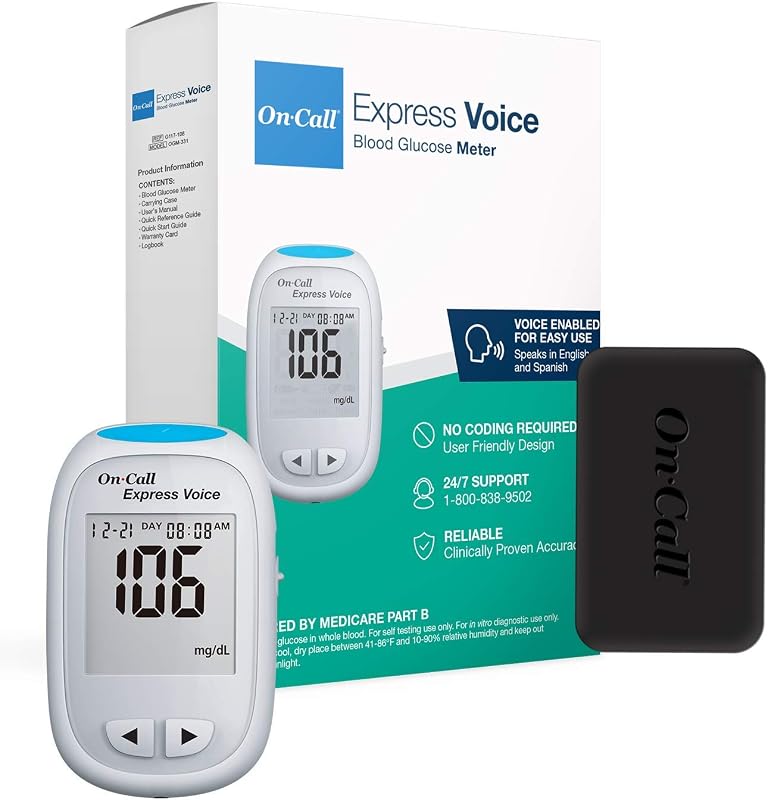 On-Call Blood Glucose Meter Express Voice, Bilingual (English/Spanish) | 300 Test Storage, Large Monitor Display, Accurate Diabetic Blood Sugar Results in Seconds, Travel Case