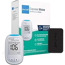 Blood Glucose Monitor Meter by On-Call Express Voice, Bilingual (English/Spanish) Guidance, 300 Test Storage, Large Display, Accurate Diabetic Blood Sugar Results in Seconds, Travel Case