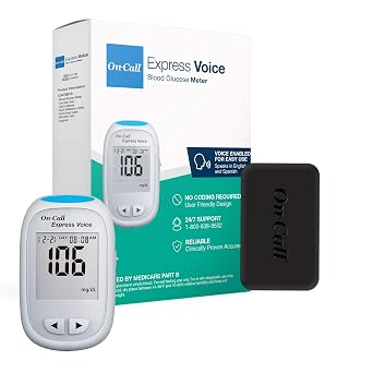 Blood Glucose Monitor Meter by On-Call Express Voice, Bilingual English/Spanish Guidance, 300 Test Storage, Large Display, Accurate Diabetic Blood Sugar Results in Seconds, Travel Case