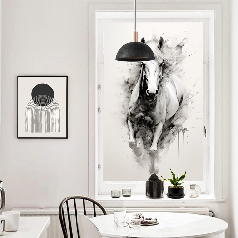 Vintage Pferd Fensterfolie Heat Blocking Ink Painting Weiß Tier Modern Sichtschutz Fenster Dekor Glastür Abdeckung Nicht klebende Fensteraufkleber für Badezimmer Küche 80 * 140 cm
