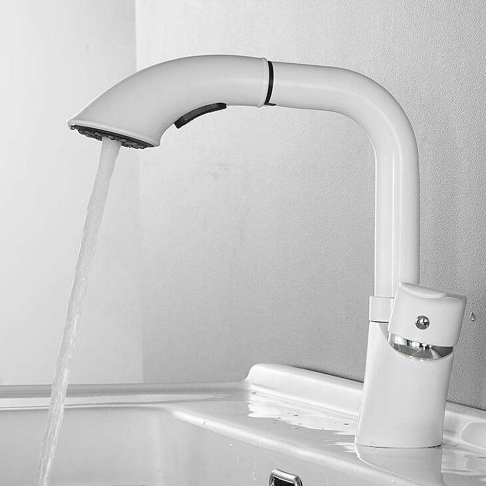Grifo de Lavabo Extraíble Grifo Baño Blanco Latón Grifo de Lavabo Multifuncional Giratorio Frío y Calor Elevable Retráctil Grifo de Baño