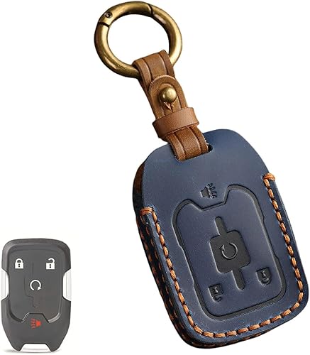 Miniatura 1 de Funda de cuero genuino con 4 botones para llavero inteligente GMC Terrain Denali Protector de llave (azul)