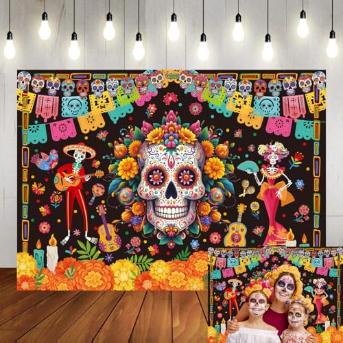 Image of Day of The Dead Backdrop Sugar Skull Floral Mexican Dia DE Los Muertos Photography Background Halloween Mexican Fiesta Home Altar Ofrenda Decorations Supplies 7x5FT