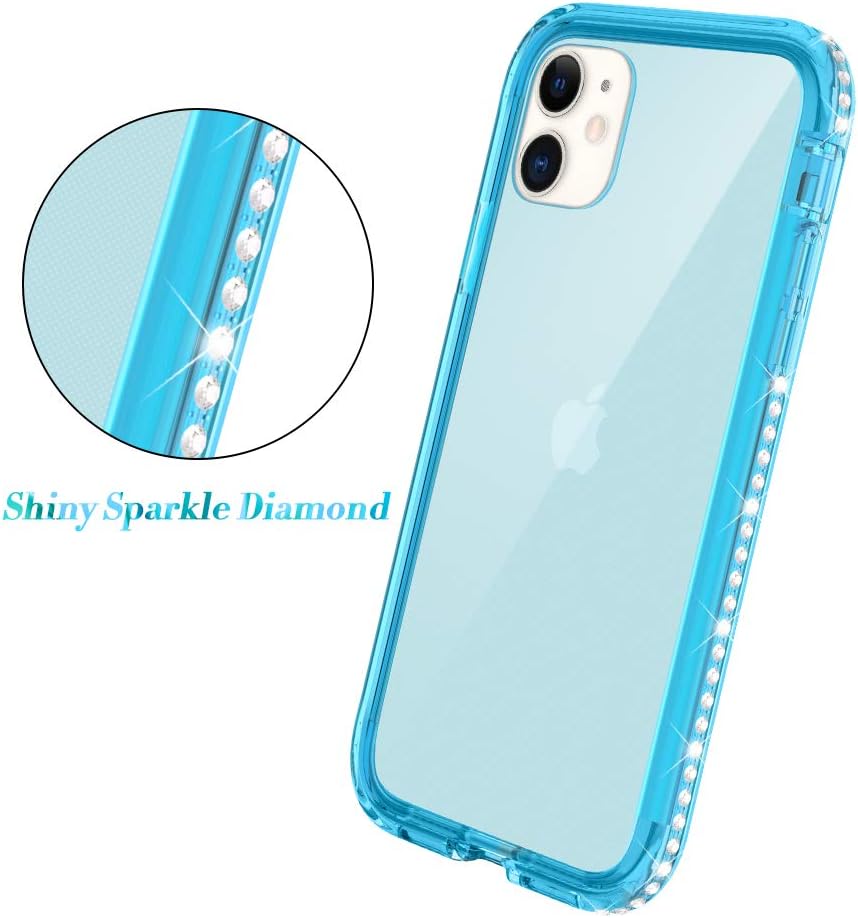 Caka Glitter Clear Case for iPhone 11 Case Full Body Protective Case with Built in Screen Protector Shiny Sparkle Rhinestone Diamond Girls Girly Women Transparent Soft Case for iPhone 11 6.1 (Teal)