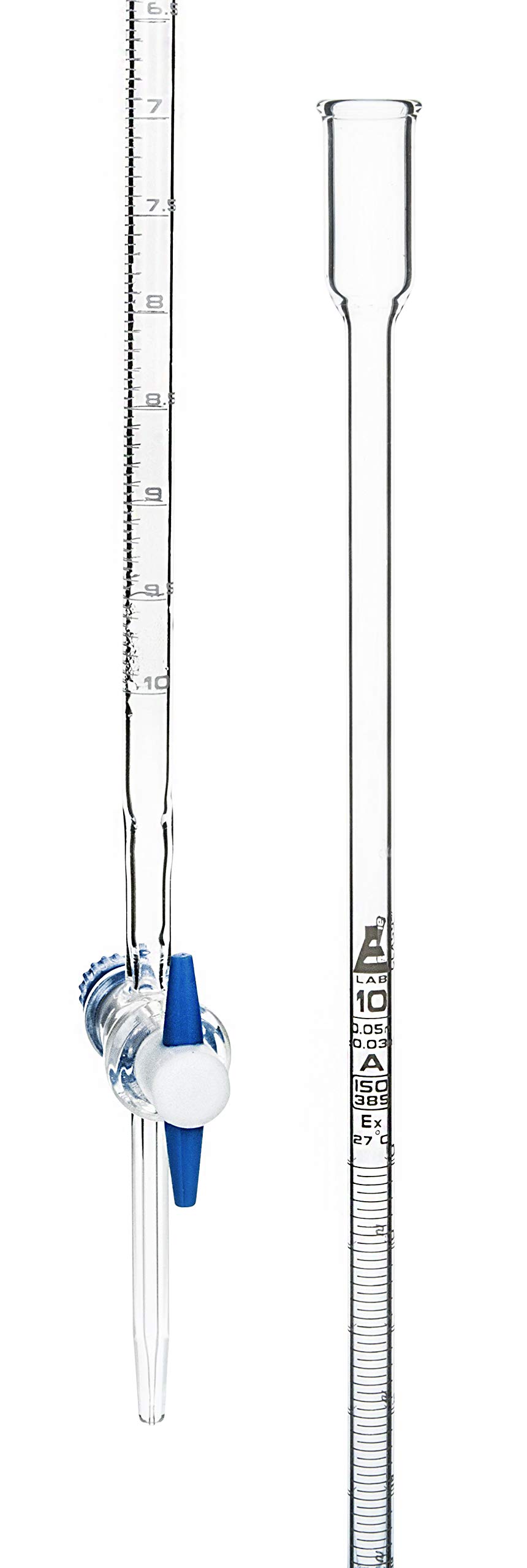 EISCO Micro Burette, 10ml - ASTM, Class A, ±0.02ml Accuracy - Borosilicate Glass - Straight Bore PTFE Stopcock - 0.02ml White Graduations