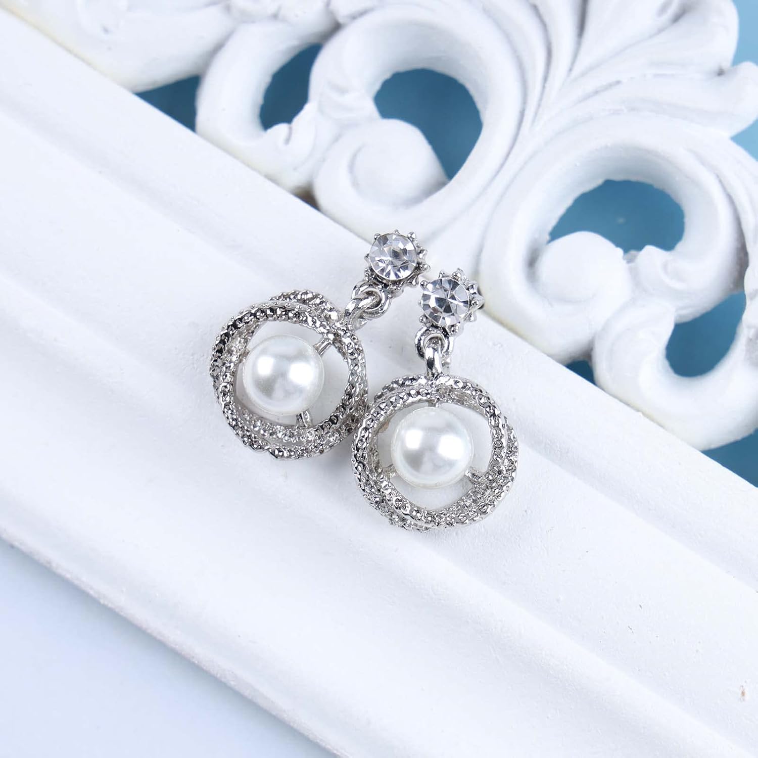Vintage Circle Pearl Drop Earrings Silver Crystal Stud Earrings Hollow Circle Dangle Earrings Eternity Pearl Earrings Pearl Cz Wedding Earrings Jewelry for Women - Image 4