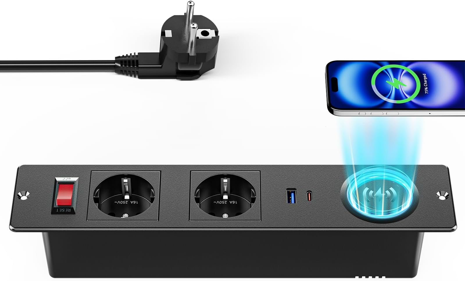 STOLMET Tischsteckdose Versenkbar - 3-fach Steckdose Schwarz Aluminium