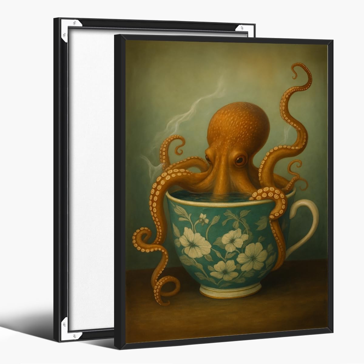 Octopus Wall Art Print Vintage Steampunk Octopus in Tea Cup Poster Moody Animal Illustration for Kitchen Study Office Nautical Home Decor 12x18inch black framed