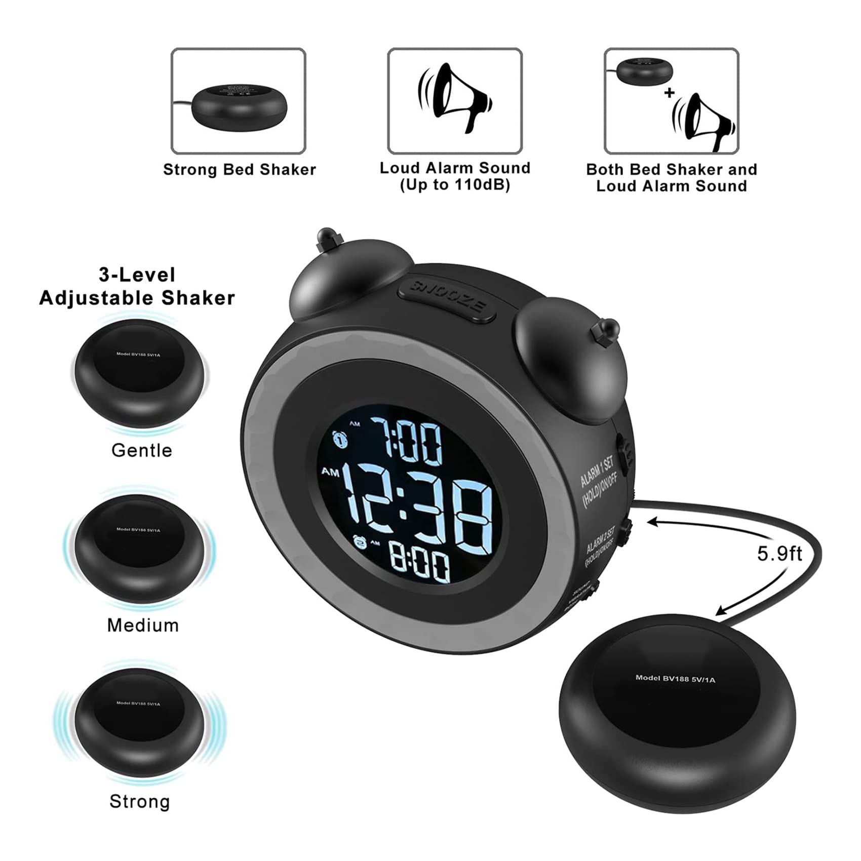 2X Reloj Despertador Doble Fuerte con Agitador de Cama, Reloj Despertador Vibratorio para Personas Que Duermen Mucho O Personas con Problemas de Audición, Puerto de Carga USB