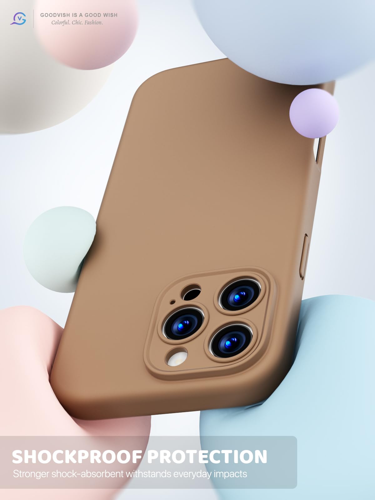 GOODVISH 3 in 1 Silicone Cover per iPhone 16 Pro Max 6.9", Custodia con 2 Pellicola Vetro Temperato [Protezione Fotocamera] 360° Protezione Anticaduta Case per Cellulare Antiurto Resistente, Cachi