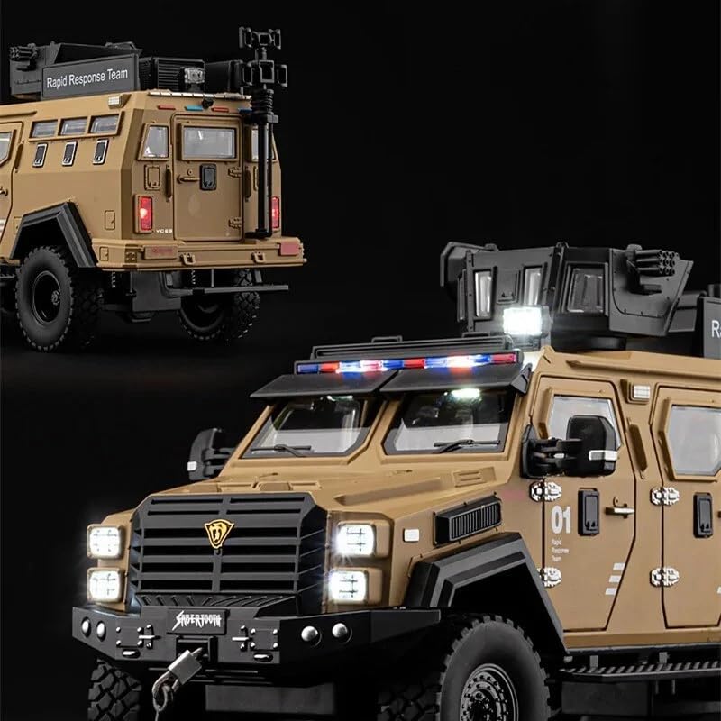 Image of Enterprise 1:24 Armored Police Car Diecast Model - Tooth Tiger Explosion-Proof Pull Back Metal Toy with Lights, Sounds & 4 Opening Doors - Collectible Vehicle for Kids & Display (Brown)