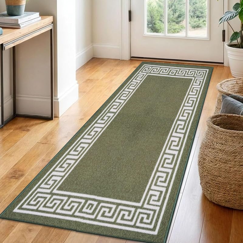 Trendy Realm Athena Runner Rug – Large Non-Slip Washable Carpet for Living Room, Bedroom, Hallway, Lounge, Dining, Kitchen, Modern Indoor Long Floor Runners (Green & Cream, 66x120 cm) — image 1