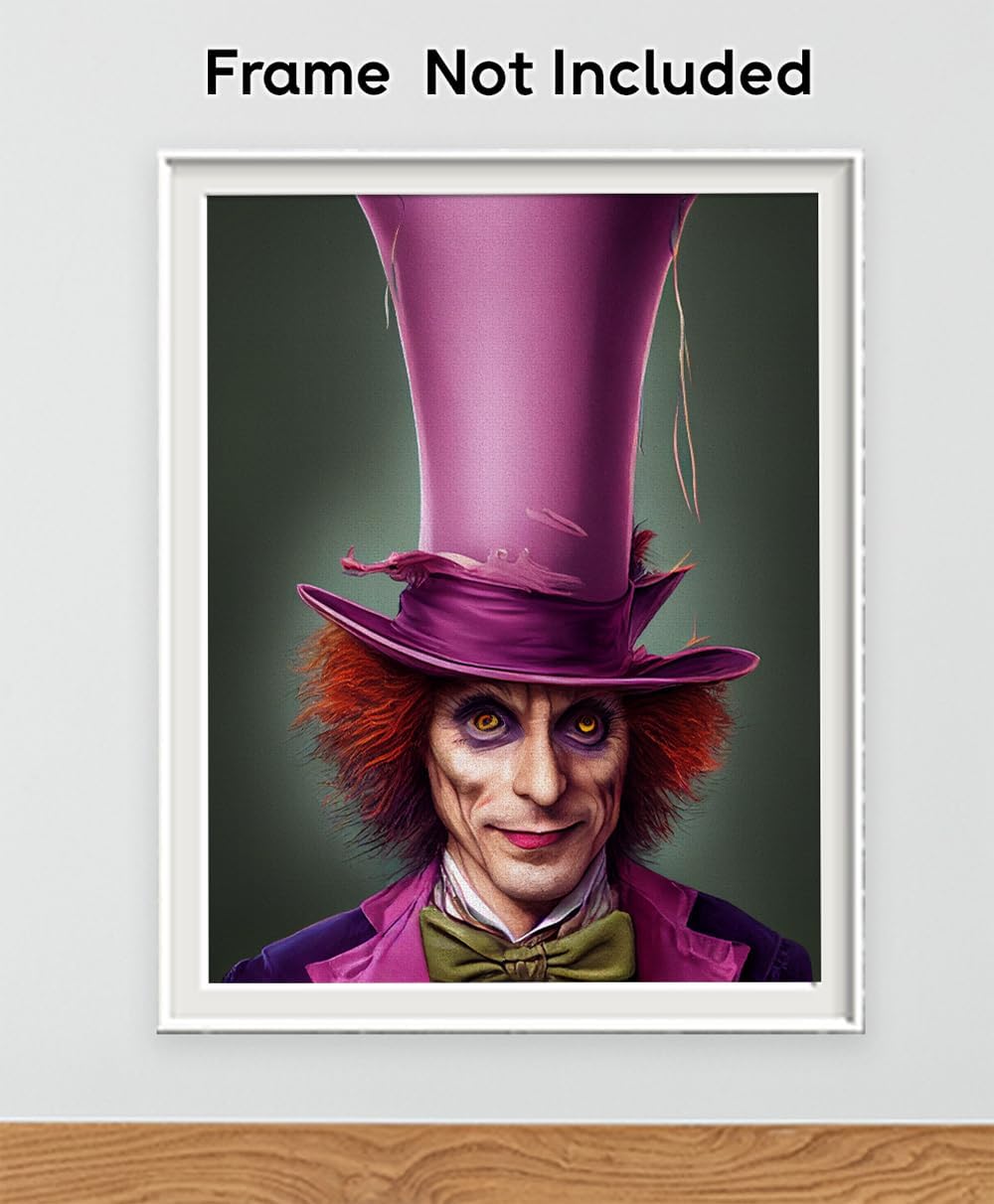 Mad Hatter Wall Art –18x24 Unframed Fantasy Character Poster with Purple Top Hat–Gothic Decor Surreal Steampunk Clown Portrait for Halloween Artwork, Game Room, Cosplay Lovers, & Vintage Fantasy Décor