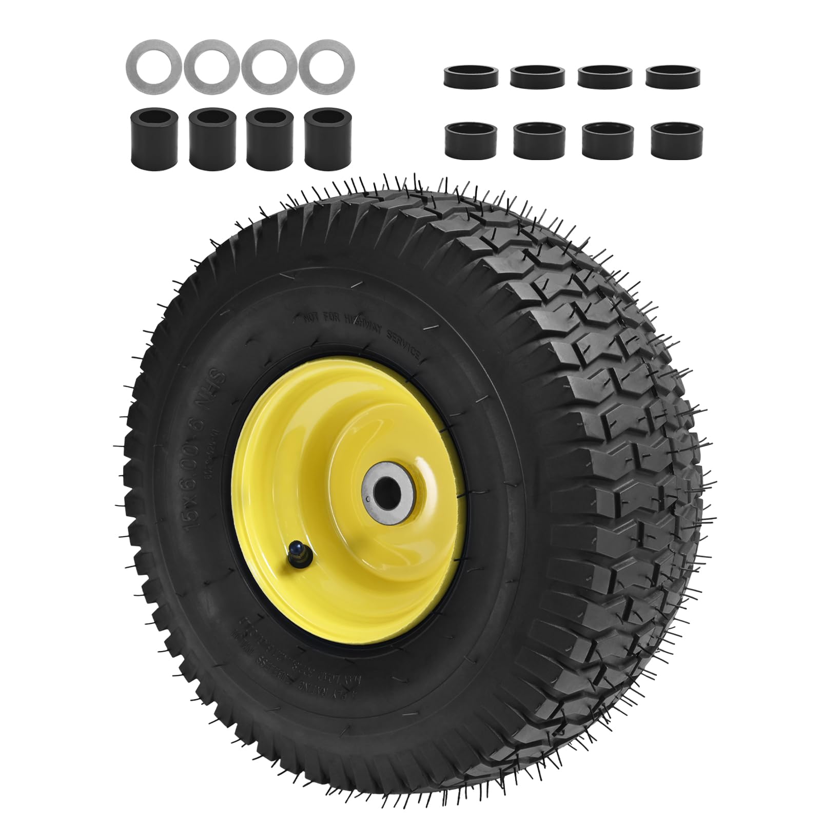 Neumáticos para cortacésped de 15 x 6.00-6 (rueda amarilla) 15 x 6-6 pulgadas de repuesto para cortacésped Craftsman/John Deere/Cub Cadet, cubo de desplazamiento de 4 capas sin cámara, buje de