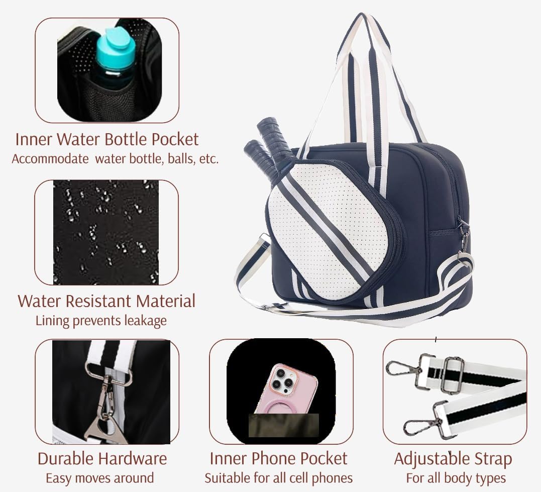 Pickleball Sports Tote Bag with Racket Holder, Neoprene, Adjustable Shoulder Strap