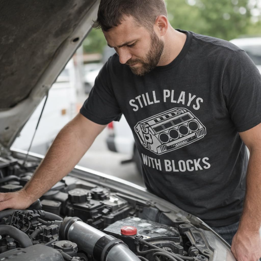 Mens Still Plays with Blocks T Shirt Funny Car Mechanic Racing Garage Graphic