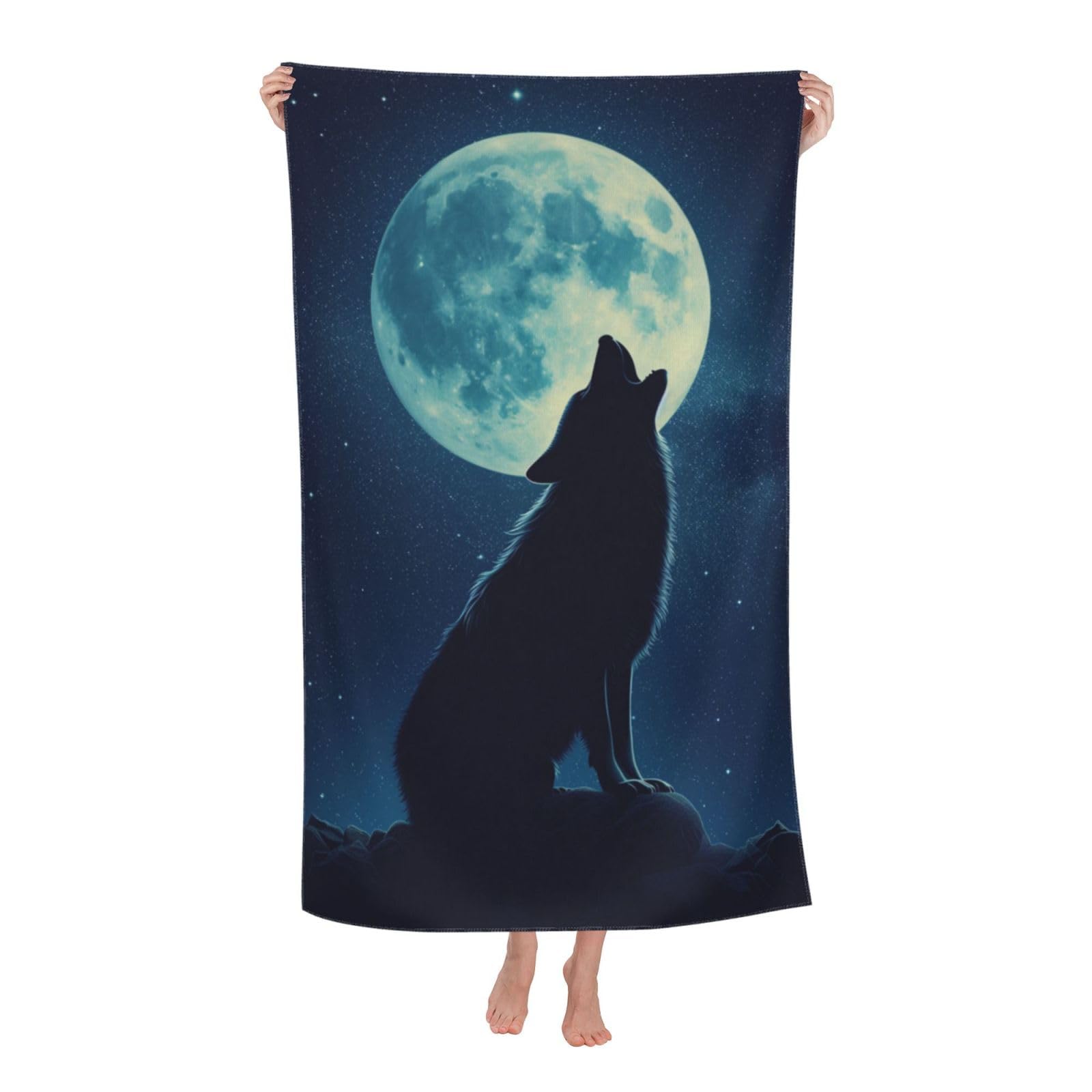 HLBSDM Wolf Moon Beach Towel Microfiber Sand Free Animal Towels for Adult Kids Quick Dry Ultra Absorbent Super Soft Pool Travel Swim Bath Shower Towel 52”x 32”