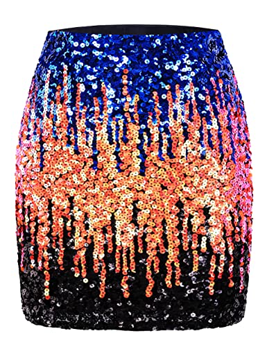 MANER Women's Sequin Skirt Sparkle Stretchy Bodycon Mini Skirts Night Out Party(X-Large, Royal Blue/Orange/Black)